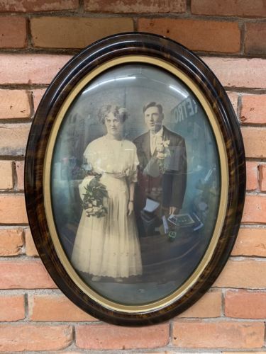 Vintage Antique Bubble Convex Glass Picture Photo Frame Wedding 23”