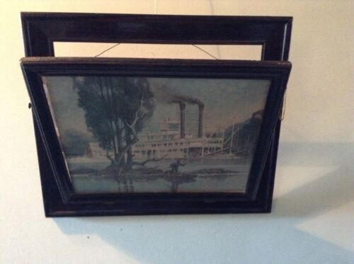 ANTIQUE WALL HANGING PICTURE FRAME MAGAZINE RACK STEAM PADDLE BOAT SHIP SCENE