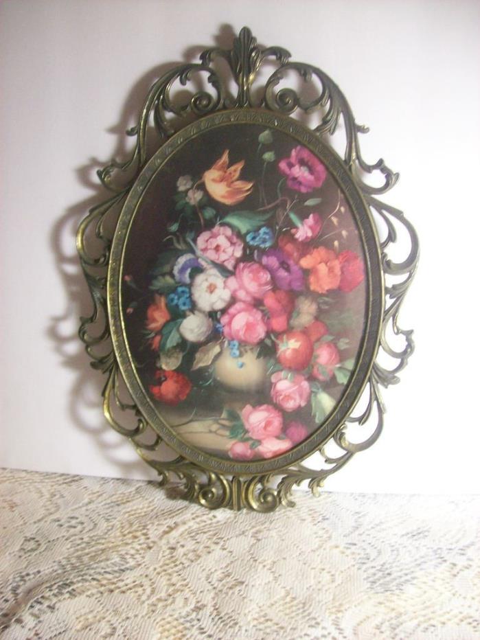 Bubble Convex Glass Floral Picture Ornate Metal Frame Made in Italy 12 1/2 Inch