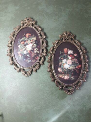 2 Vintage Ornate Oval Brass & Glass Picture Frame Flowers Made in Italy 10