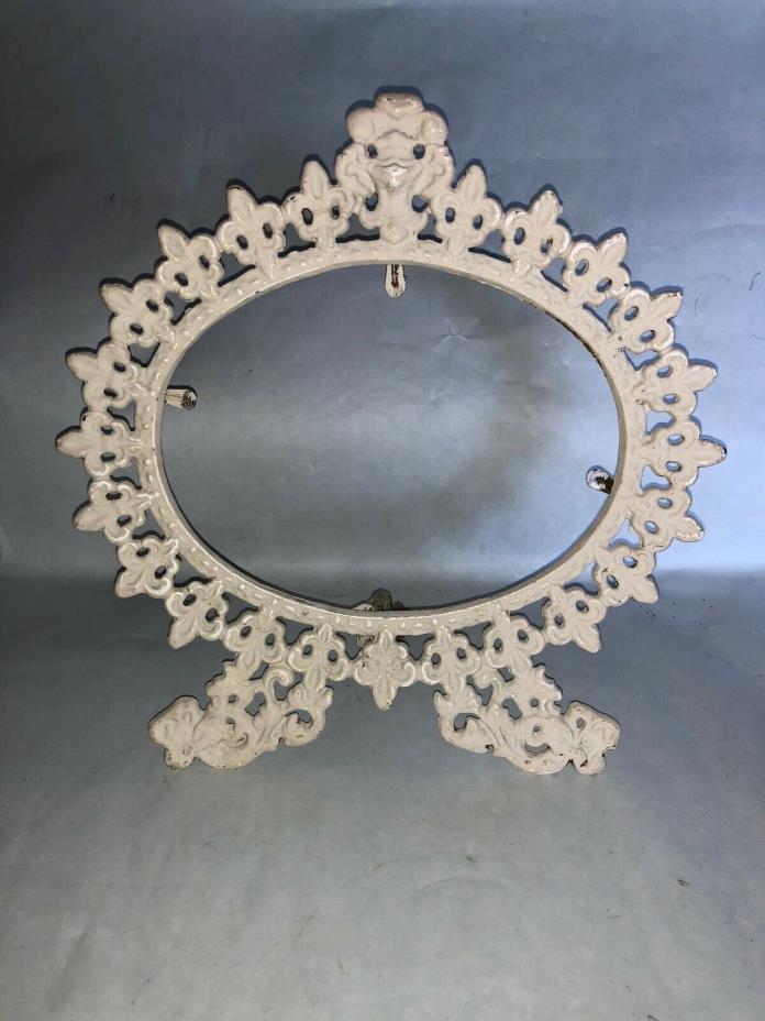 Antique White Cast Iron Metal Oval Picture Frame - Easel Stand with Fleur de lis