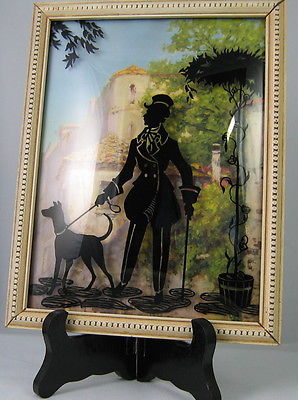 VINTAGE SILHOUETTE BUBBLE GLASS PICTURE FRAME VICTORIAN MAN WALKING HIS DOG