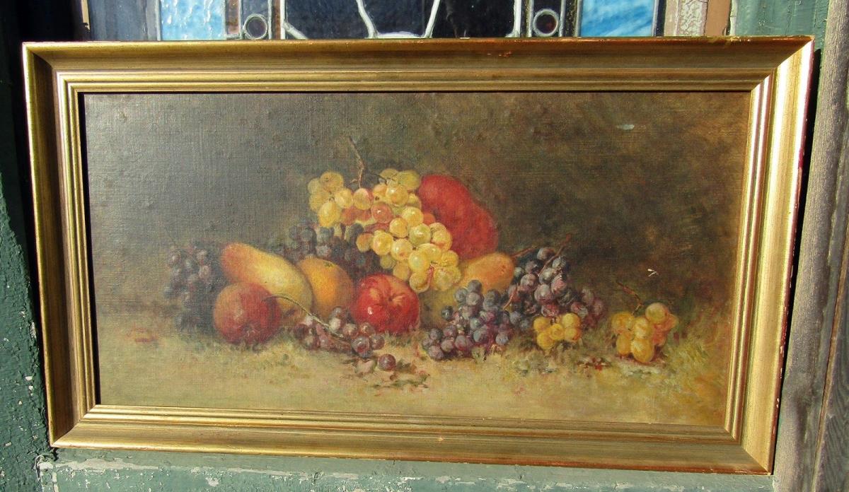 ANTIQUE OIL PAINTING IN FRAME FRUIT STILL LIFE 1922