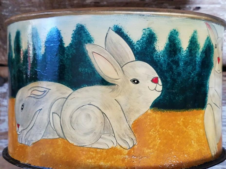 Vintage Tole Hand Painted Tin Bunny Rabbit Round Planter Box Easter Basket Decor