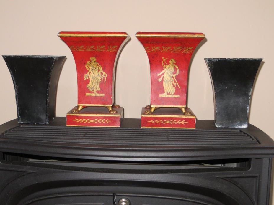RARE Vintage Toleware Red & Gold Urns with Inserts  Italian or French?$$LOWERED