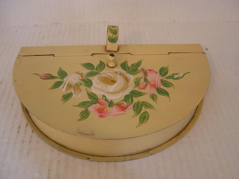 VINTAGE TOLEWARE HAND PAINTED ROSES ON YELLOW HALF MOON SILENT BUTLER OR CRUMBER