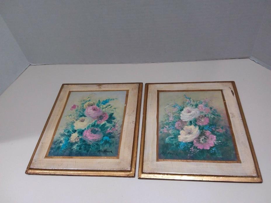 Vtg Italian florentine Gold Gilt Toleware Wood Wall Plaques Floral Pair Italy