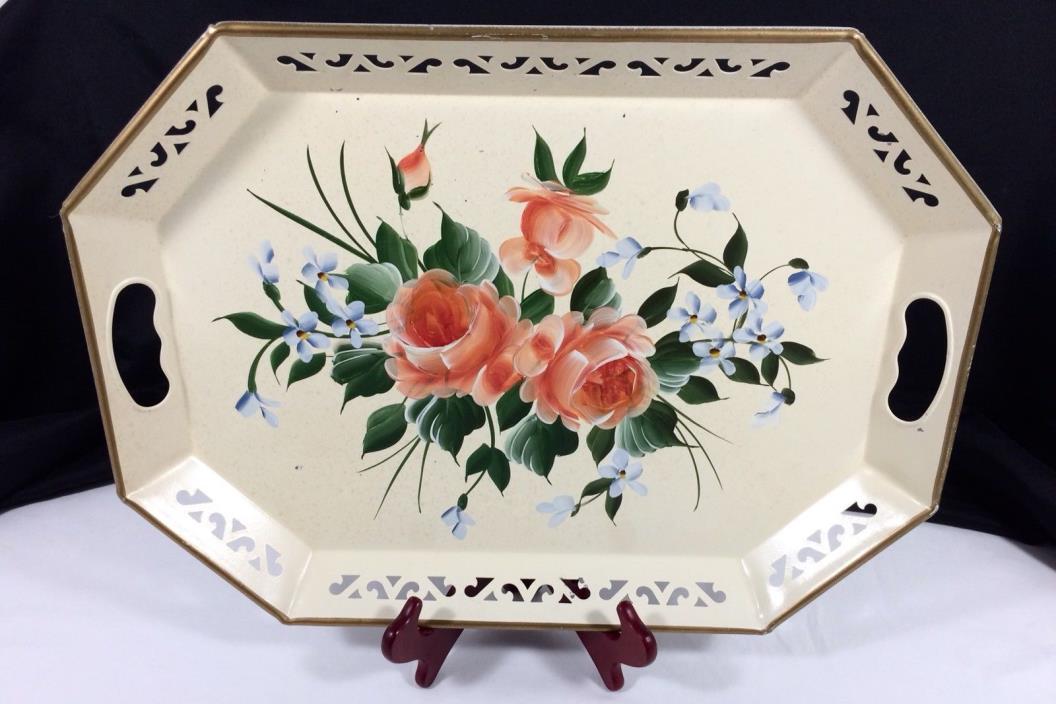 Vtg Large Tole Serving Tray Pilgrim Art HAND PAINTED ROSES #148 Higbee Co. Metal