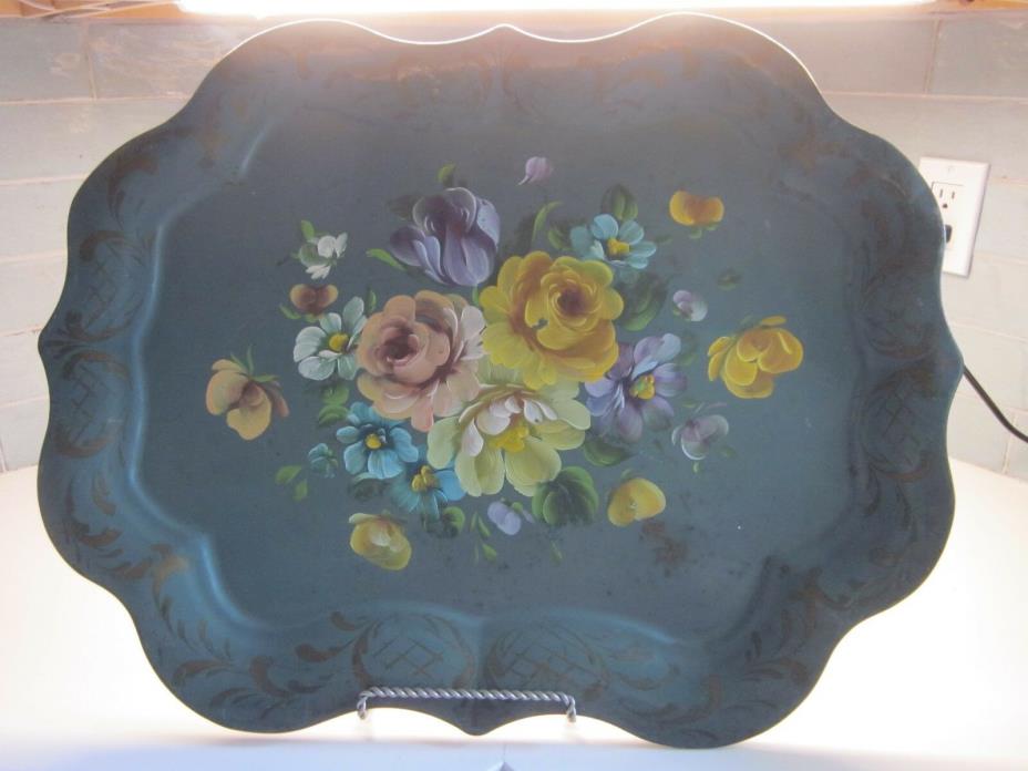 Vintage Large 24 x 19 + Metal Tole Tray Chippendale Hand Painted Floral Flowers