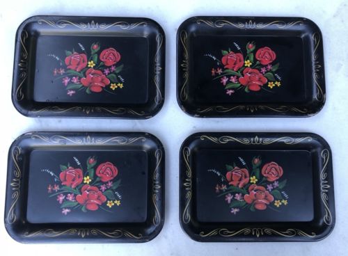 VINTAGE Set of 4 Matching Small Black Tin Tole Trays with Painted Red Roses