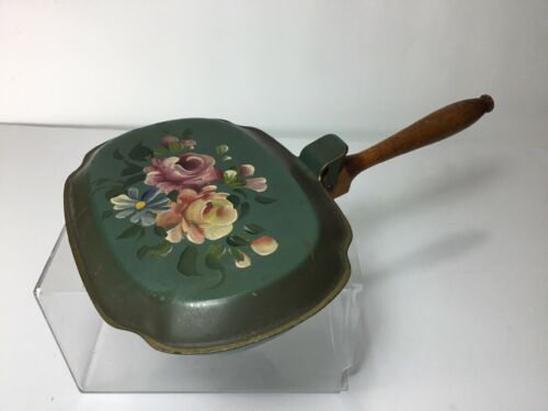 Vintage Hinged Folk Art Hand Painted Metal Silent Butler Crumb Catcher Ash Tray
