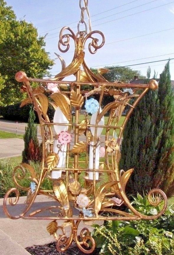 Vintage French Italian Tole Gold Gilt Floral Birdcage Chandelier 4 light Swag