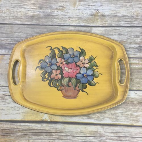 Vintage Pilgrim Art Mid Century Toleware Tole Art Metal Tray mustard w/ flowers