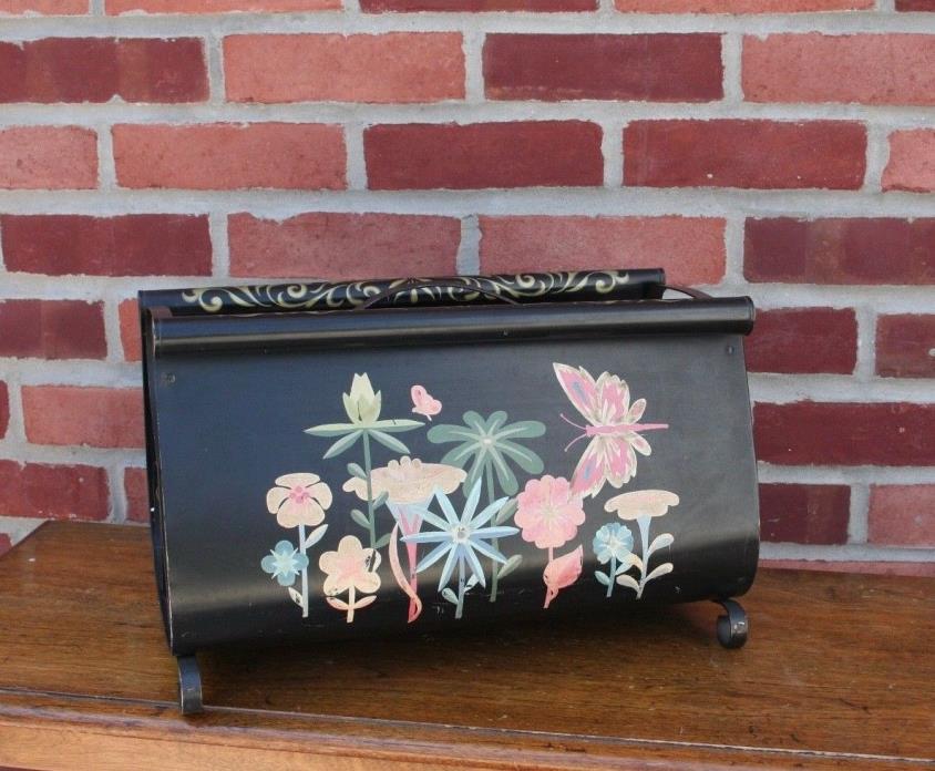 VINTAGE BLACK METAL CHIC MAGAZINE RACK TOLEWARE HAND PAINTED SHABBY CHIC floral