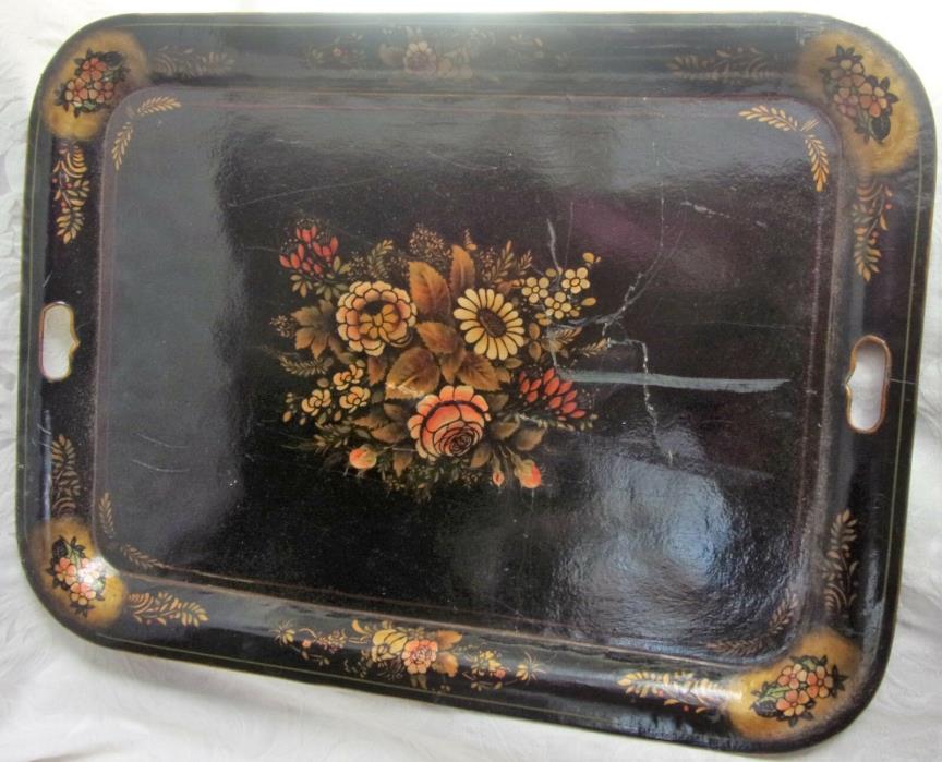 Antique 19th Century Hand Painted Stencilled Tole Ware Platter Floral Metal Tray
