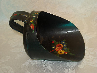 Old Vintage Hand Painted Tole Black Metal / Tin Decorative Floral Grain Scoop