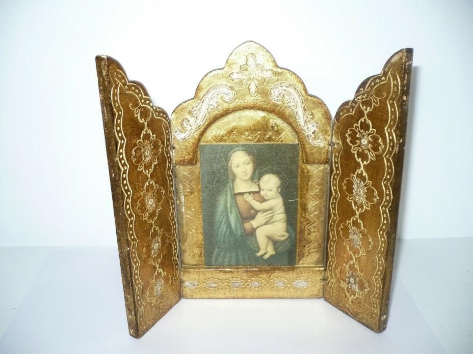 Vintage Italian Florentine Gold Gilt Triptych Icon Madonna & Child