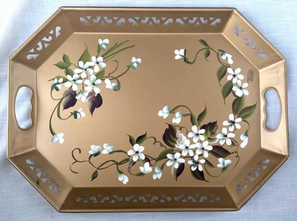 Vintage Tole Painted Hand Decorated Metal Tray - Pilgrim Art # 148 - Gold