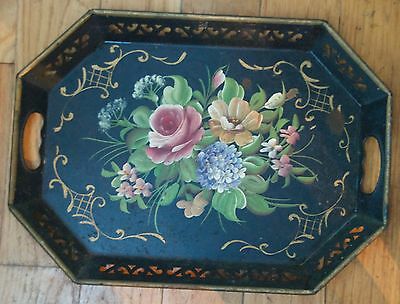VINTAGE ANTIQUE BLACK TOLE TRAY ROSES HANDLES METAL TIN HAND PAINTED FRENCH ?