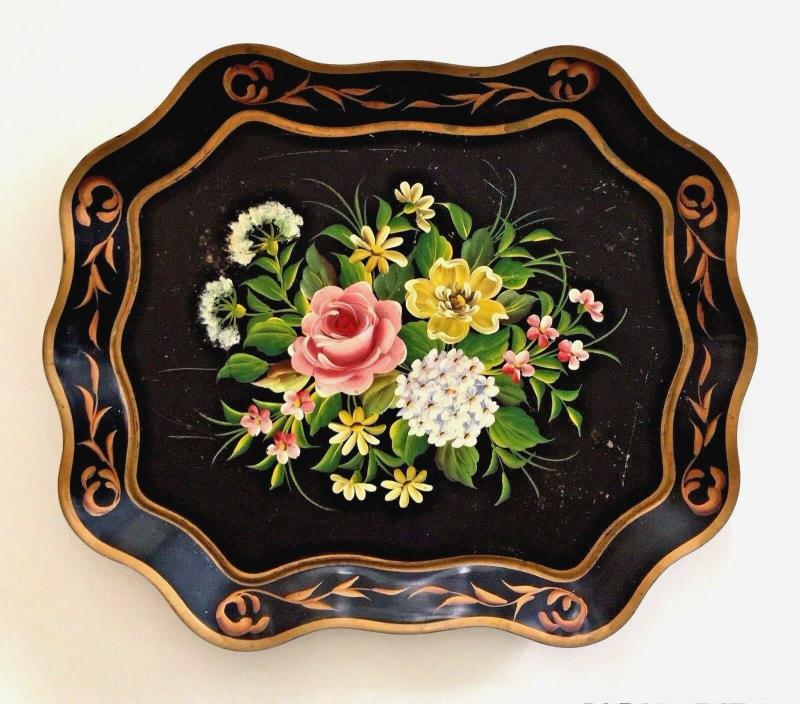 Tole Toleware Tray Black Floral Gold Flowers Floral Shabby Chic Antique Vtg Gift