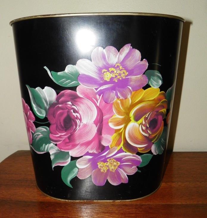 VINTAGE HAND PAINTED- HARVELL-KLGORE SMALL BLACK METAL TRASH CAN-VIBRANT FLORALS