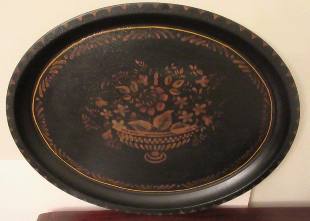 Antique Large Oval Tole Toleware Tray - Footed Urn & Flowers - Beautiful!