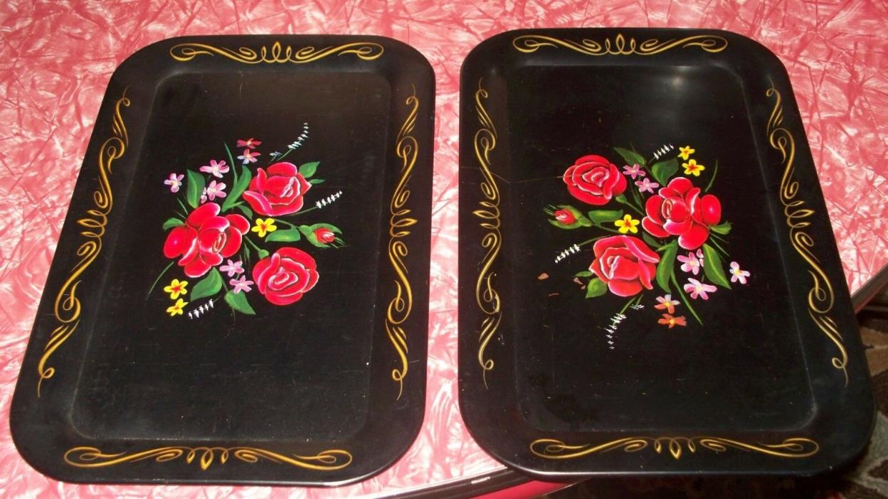 Vintage black floral painted small trays 14x9