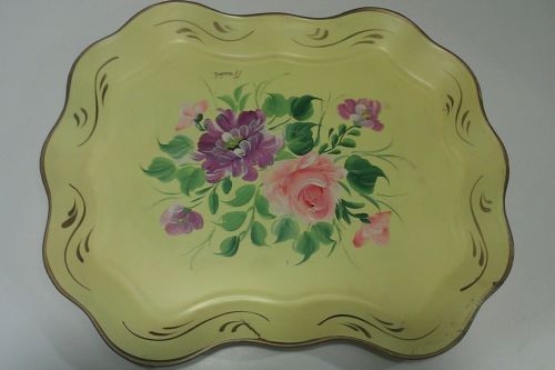 Vintage Yellow Shabby Tole Wear Metal Tray Hand Painted Floral Design