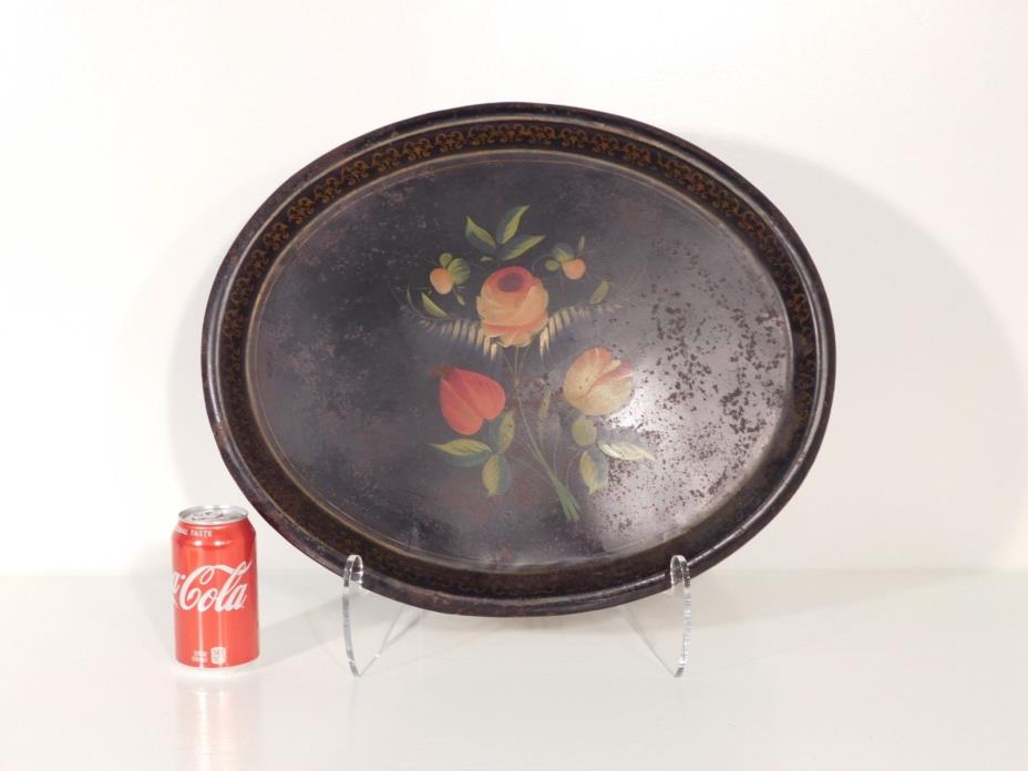 ANTIQUE Tole Painted Decorated Black Tray 20