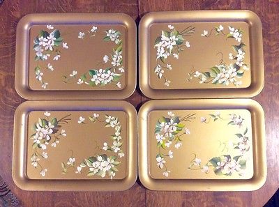 Set of 4 Vintage Toleware Tole Trays Pilgrim Art Handpainted White Gold Flowers