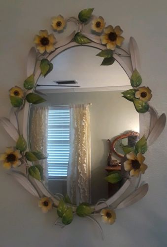 Vintage Italian Tole Yellow Metal Flower Wall Mirror