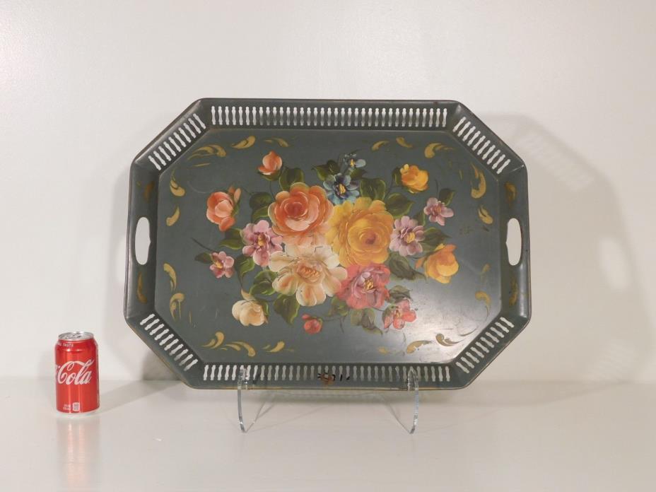 Large Reticulated Chippendale Hand Painted Tole Platter Tray 24