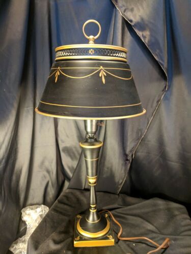 Antique Vintage Black and Gold Classic Tole Ware Table Lamp w/ Torchiere Shade