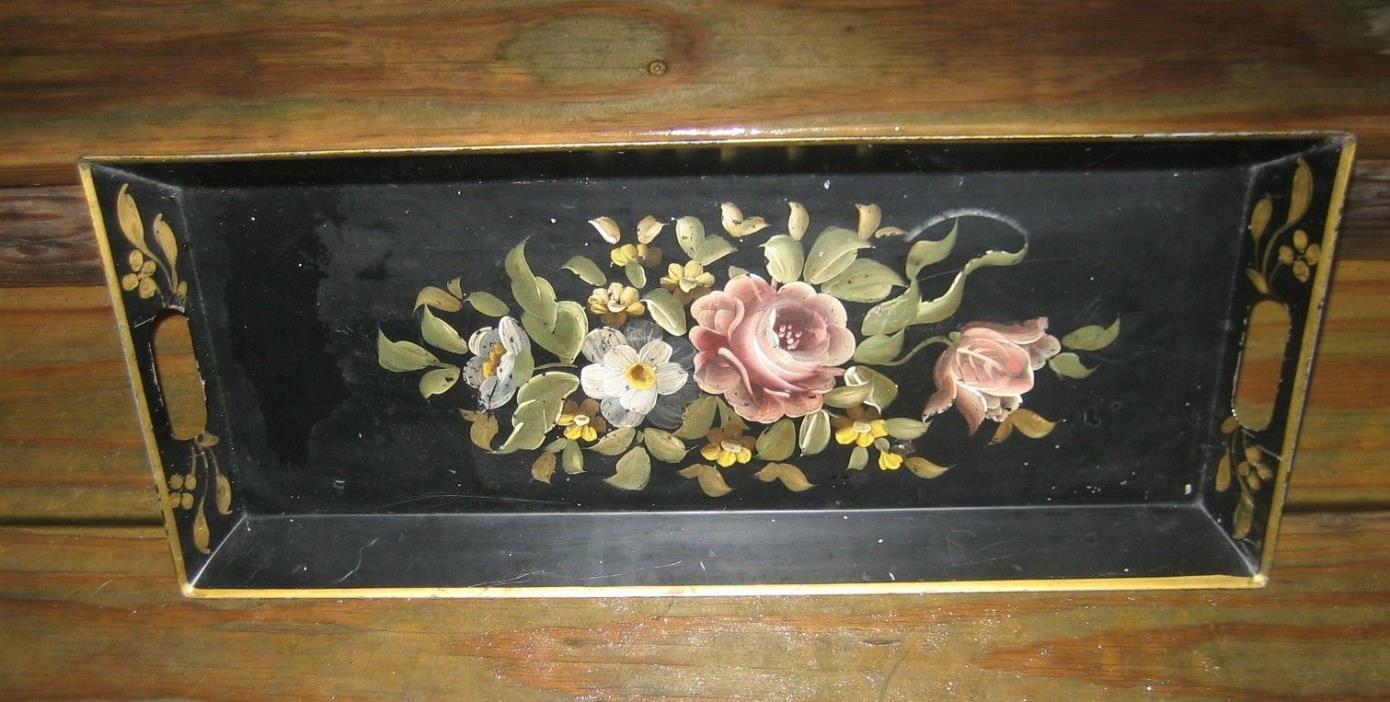 VTG Handpainted Toleware Black Gold Rose Floral Metal Tin Tray 9 x 21