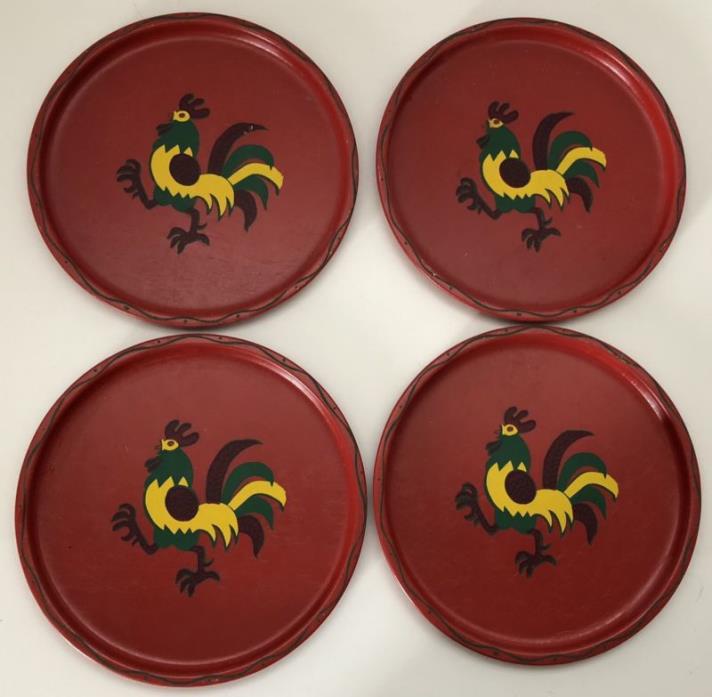 Vintage E. T. NASH CO. Red Metal 8” Plate/Platters Handpainted Roosters Set of 4