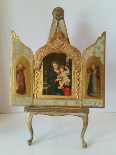 Vintage ITALY Gold Pink Tole Wood Florentine Madonna&Jesus Triptych Icon & EASEL