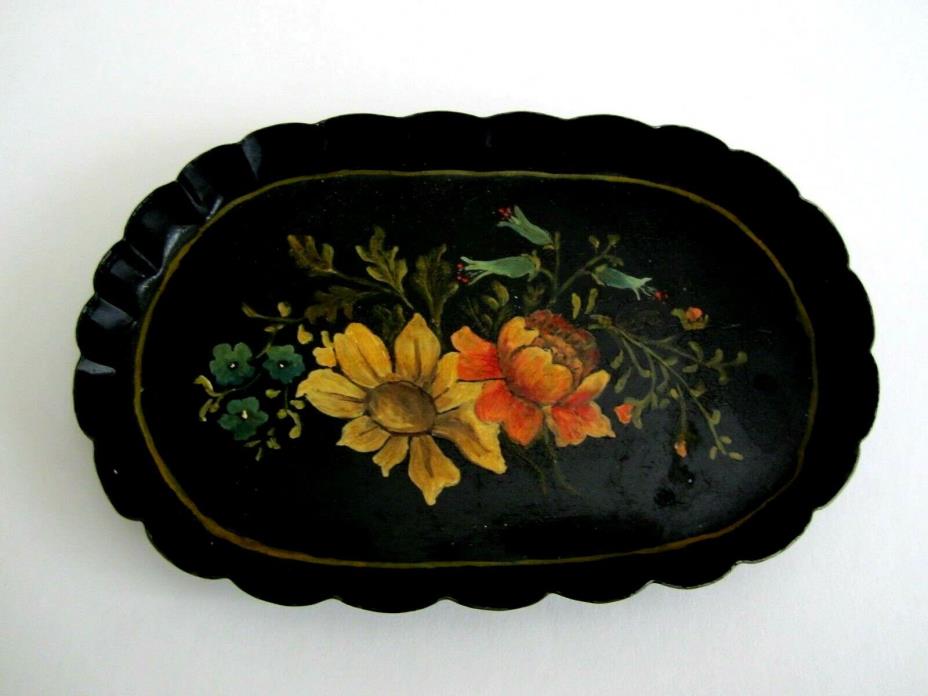 VINTAGE ANTIQUE HAND PAINTED OVAL SMALL / MINI TOLE TRAY - FLOWERS
