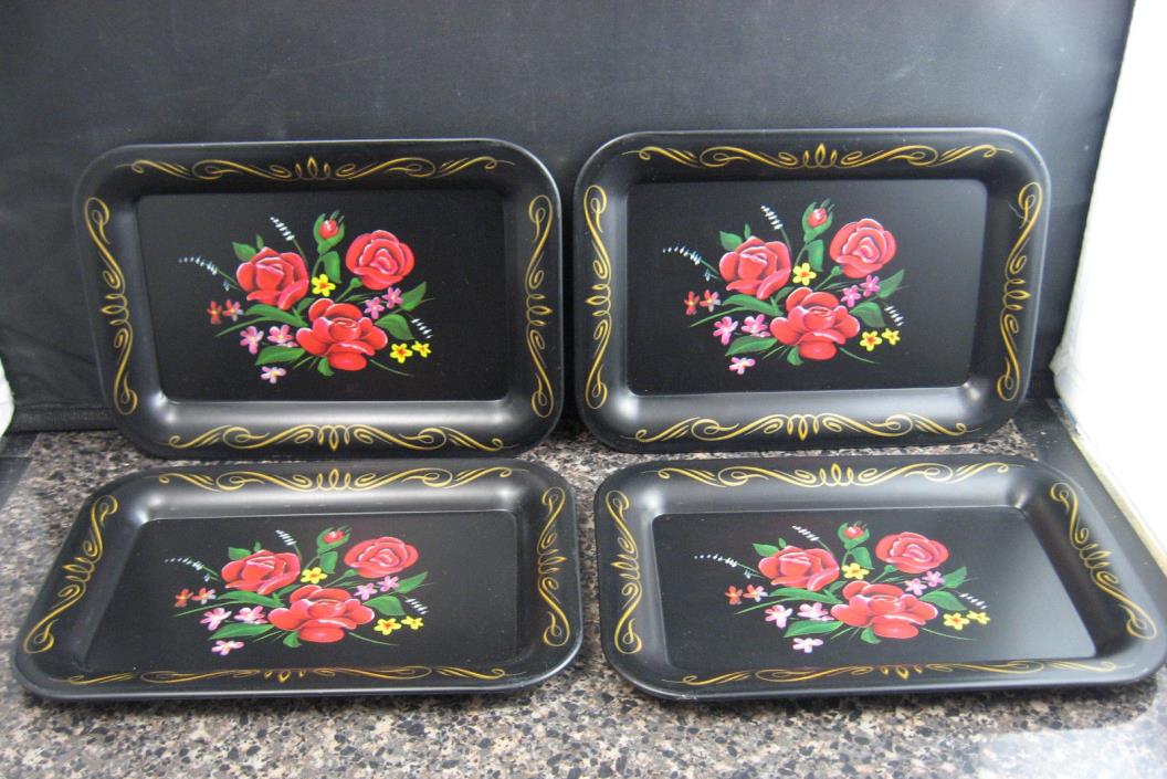 Lot of 4 Tole Tin Snack Tip Trays BLACK wRED ROSES & Other Flowers Toleware