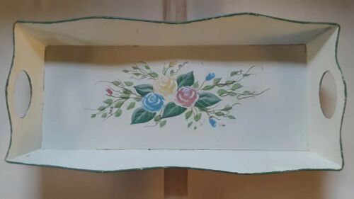 Long Toleware Tray Vintage, Green, blue, Pink, Handled, Floral Roses Shabby Chic