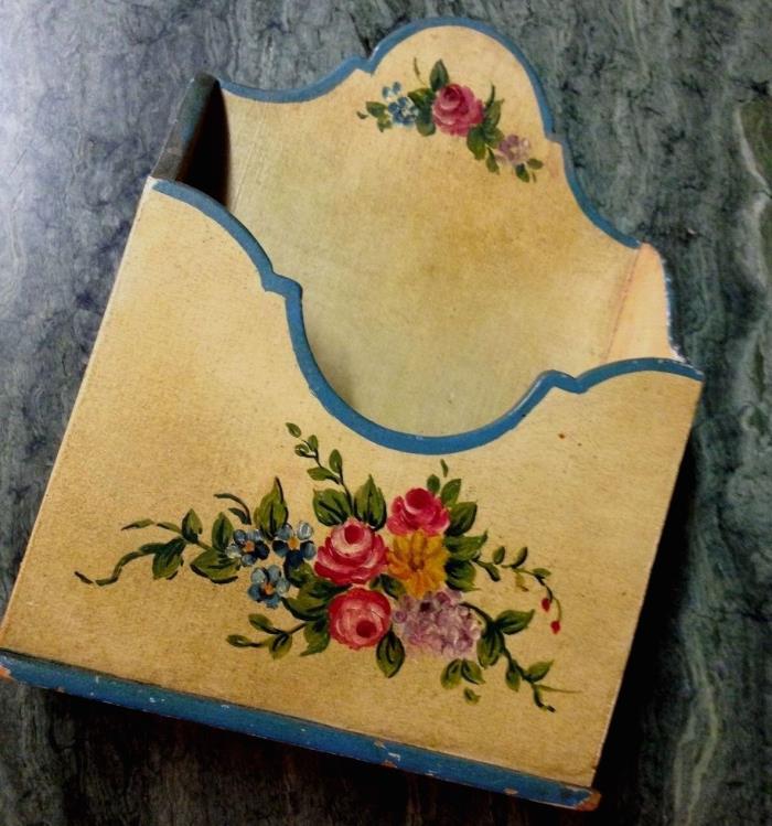 Sweet Antique Floral Tole Painted Letter Box Holder Wall Desk Storage Rack