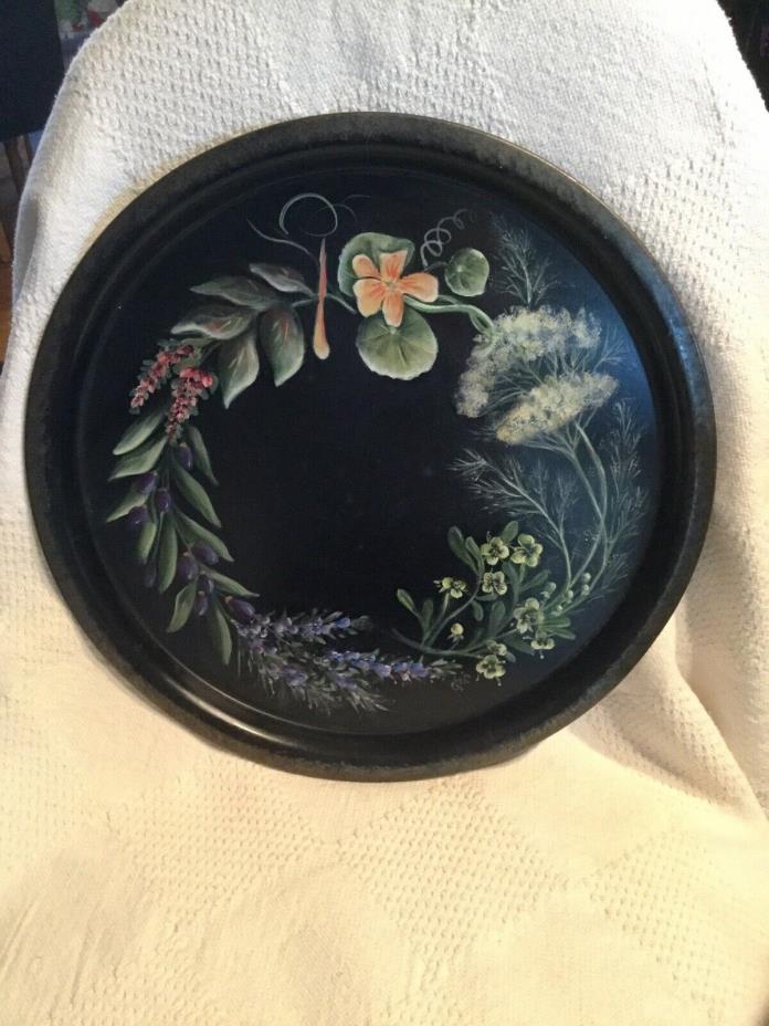 Antique Vtg.19th C.Floral Art Tole Painted Tin 16” round Tray Toleware signed