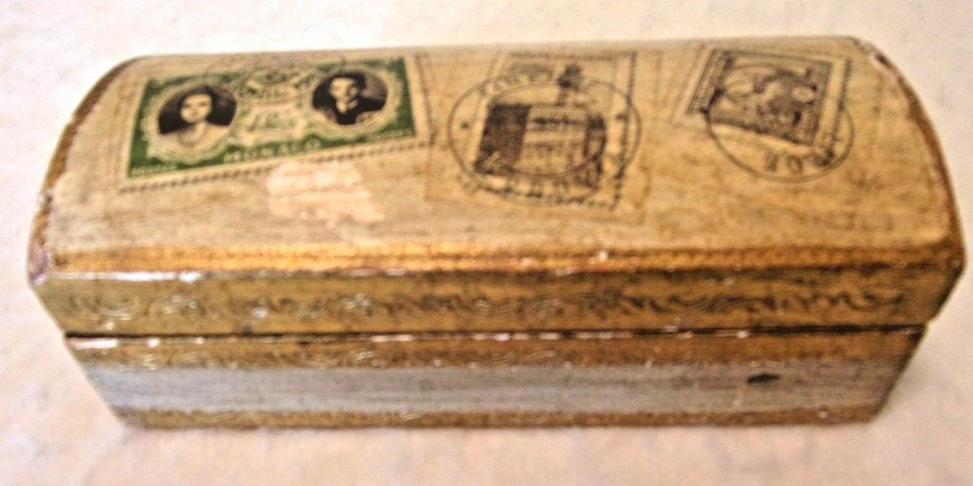 Vintage Italy Florentine Gold Domed Treasure Chest Wooden Hinged Box Stamps