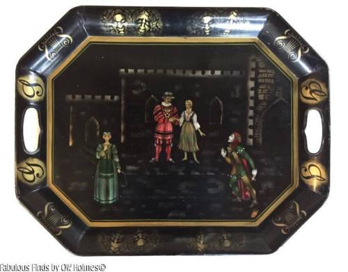 Vintage Stencil Painted TOLEWARE Tray ~ Theater Medieval Theme Shakespeare?
