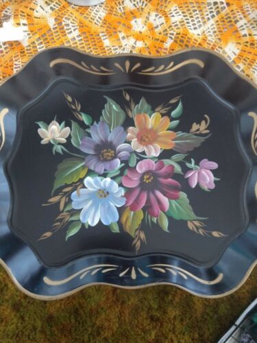 Vintage Hand painted Roses Floral Tole Tray Nashco 17