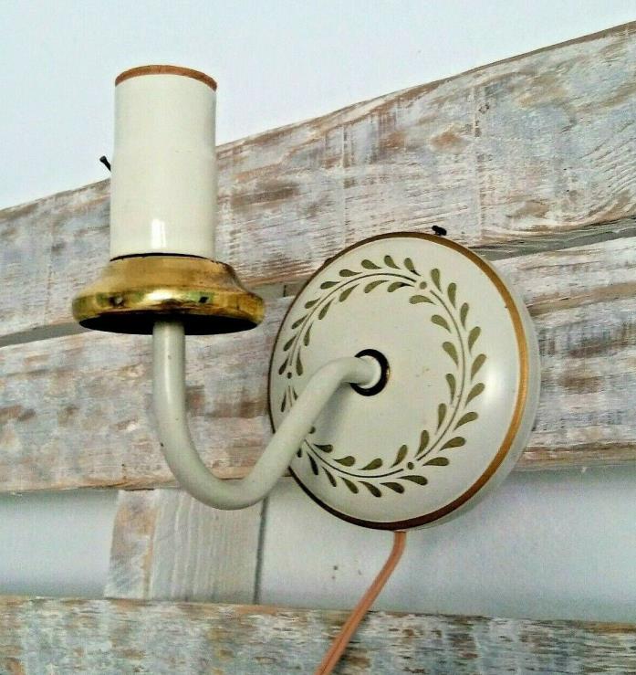 Vintage White Gold Tole Painted Metal Wall Sconce Lamp Light No Shade