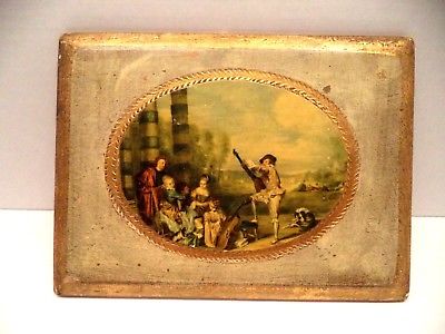 4x8 Florentine Italy tole ware gold gilded wood plaque picture lute player vtg