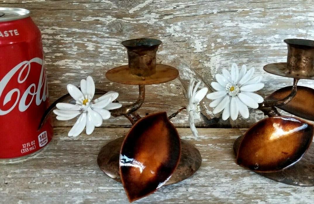 Vintage Tole Metal Candle Sticks Pair Holders Copper Enamel Flower Leaves Daisy