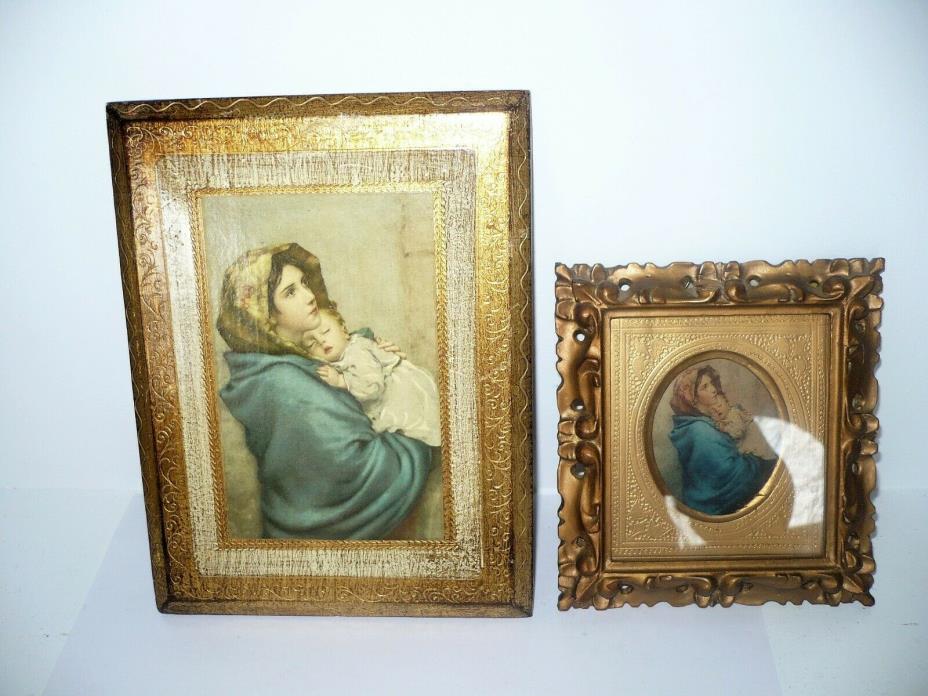 Vintage Italian Florentine Gold Gilt Wood Religious Icon Plaque Madonna 2 Lot