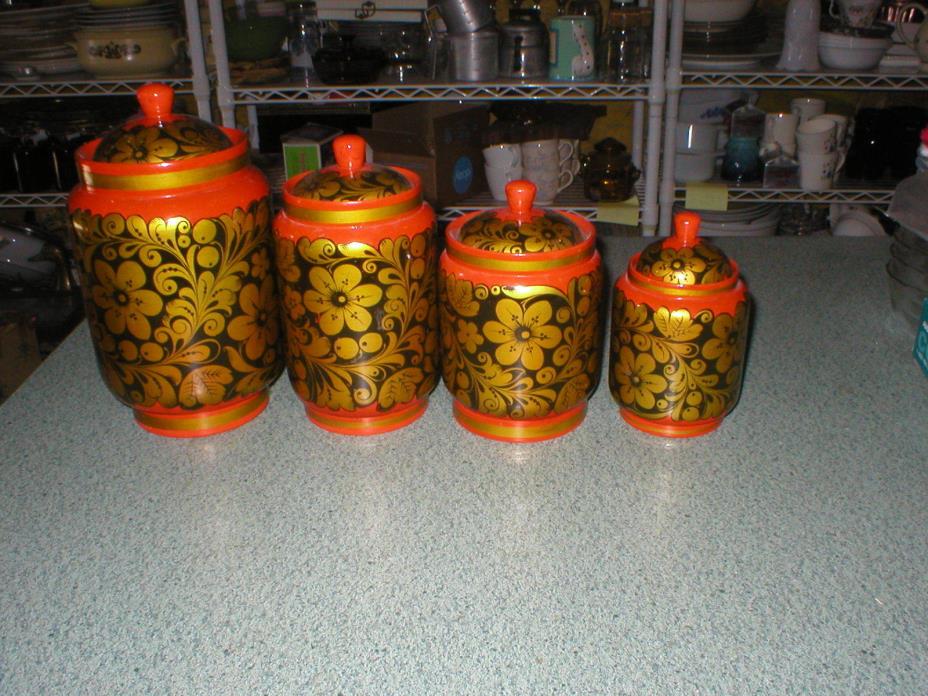 4 Vintage Hand Painted Wood Canisters Red Black Gold Beriozka Made In Russia