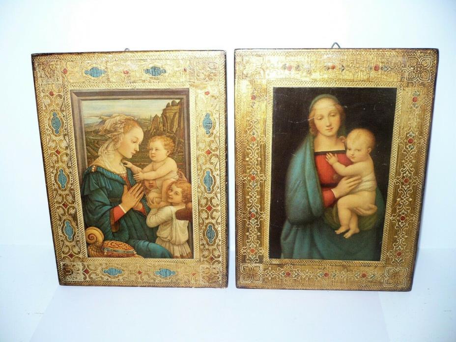 Vintage Italian Florentine Gold Gilt Wood Religious Icon Plaque Madonna Set Of 2